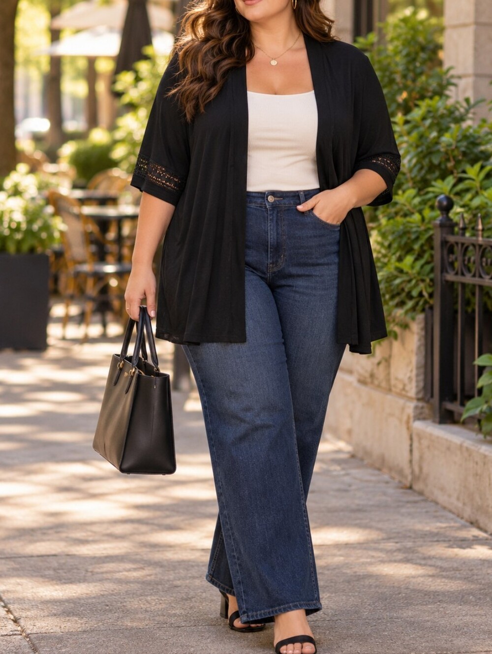 Penningtons Plus Size Black Open Front Lace Cuff Cardigan Viscose Blend Casual